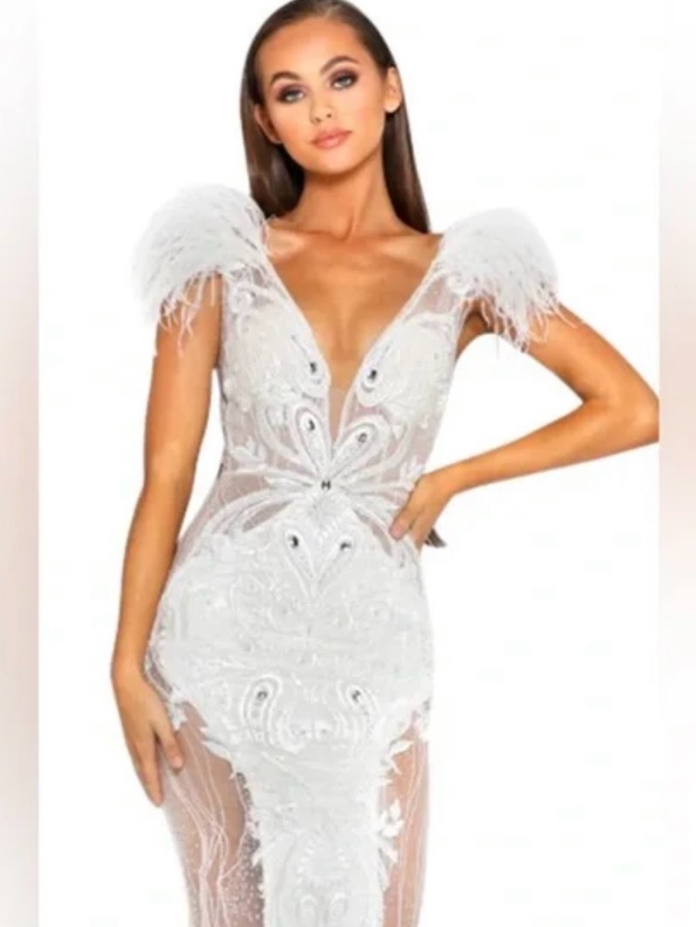 Portia and Scarlett White Feather-Shoulder Embellished Mermaid Gown - Picture 3 of 6